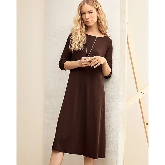 Eileen Fisher Women's Petite Small Dress Brown Viscose-Jersey Bateau-Neck Midi - Picture 1 of 11